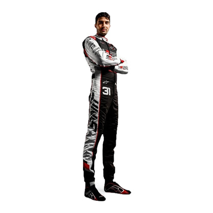 2026 Esteban Ocon Haas F1 Race Suit in white black and red standing profile view