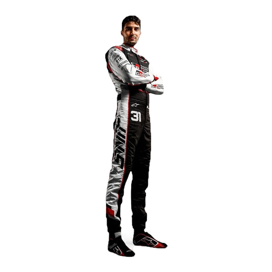 2026 Esteban Ocon Haas F1 Race Suit in white black and red standing profile view
