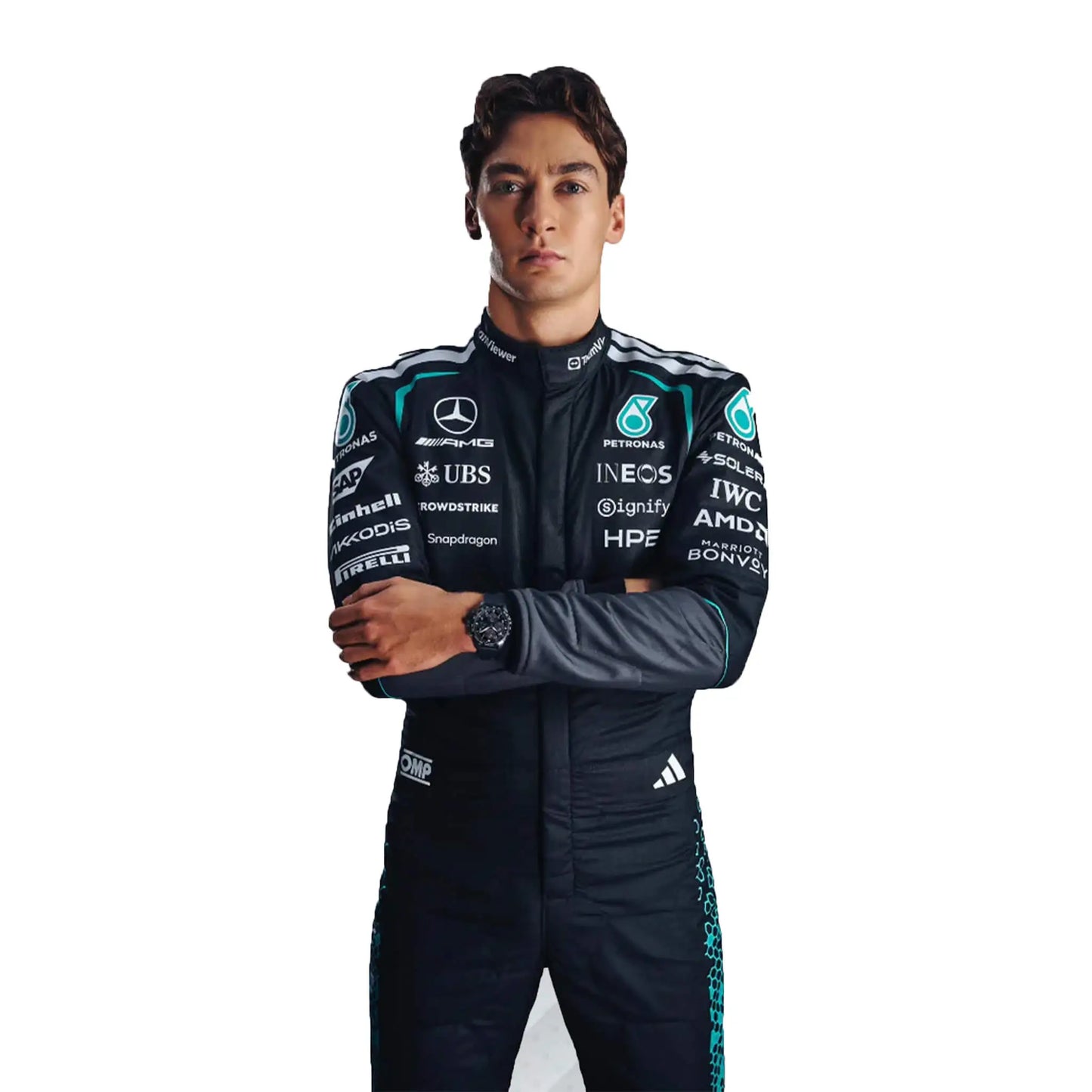 Person wearing a racing suit with various sponsor logos on a white background