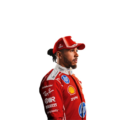 Person wearing a red racing suit with various sponsor logos on a white background