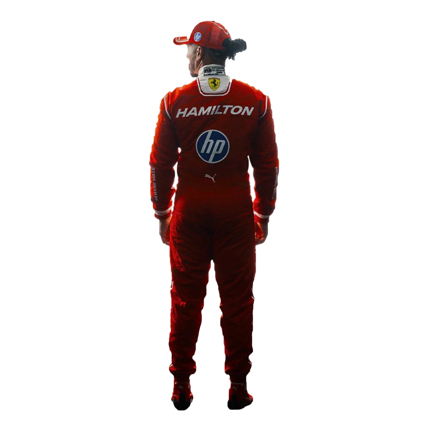 Person wearing a red racing suit with 'Hamilton' and 'hp' logos on a white background