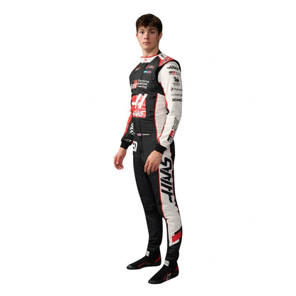 2026 Ollie Bearman Haas F1 Race Suit in black white and red standing profile view