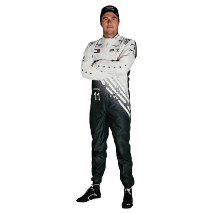 2026 Sergio Perez Cadillac inspired kart suit white and black front view on model