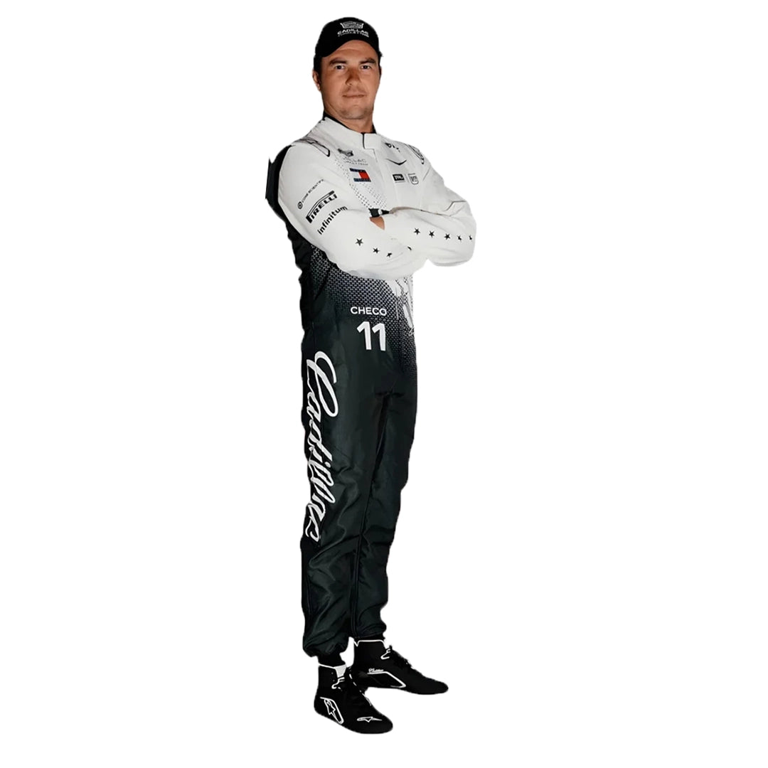 2026 Sergio Perez Cadillac inspired kart suit white and black front view on model