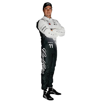 2026 Sergio Perez Cadillac inspired kart suit white and black front view on model