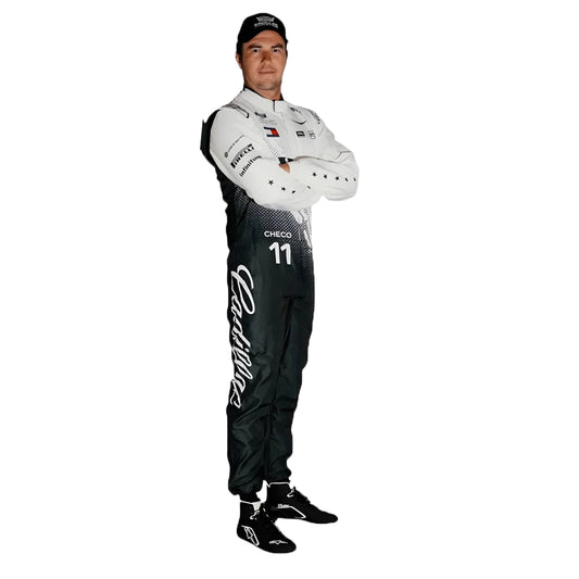 2026 Sergio Perez Cadillac inspired kart suit white and black front view on model