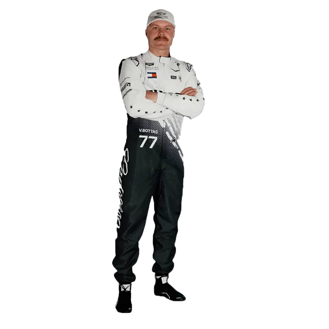 2026 Valtteri Bottas Cadillac style racing suit side profile showing arm star graphics
