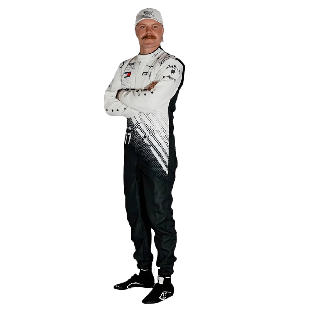 2026 Valtteri Bottas Cadillac style racing suit side profile showing arm star graphics