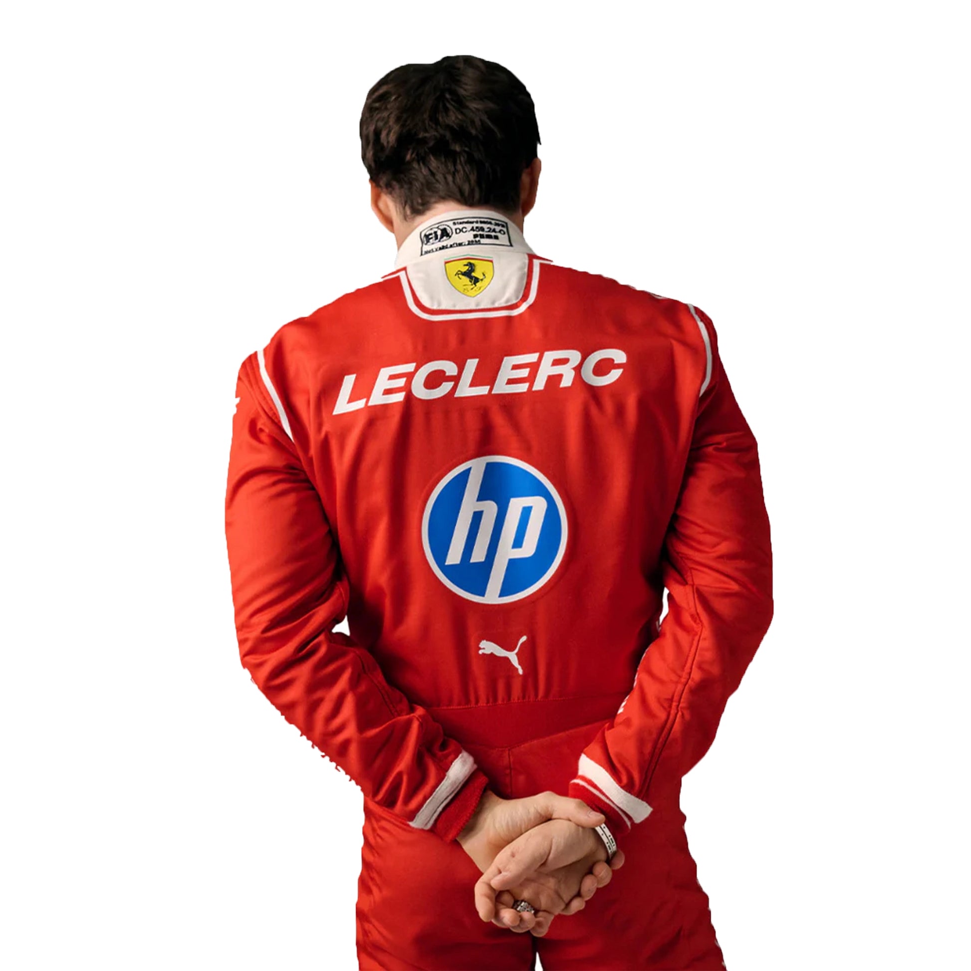 2026 Charles Leclerc Scuderia Ferrari F1 Race Suit in red featuring white side stripes, HP sponsor logos, Monegasque flag waist badge, and driver number 16