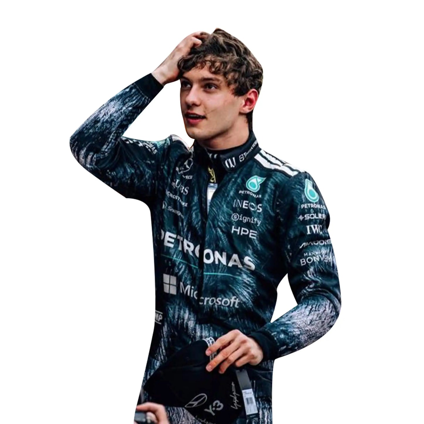 2026 Kimi Antonelli Japanese GP Mercedes F1 Race Suit featuring wolf graphic pattern in dark grey and black