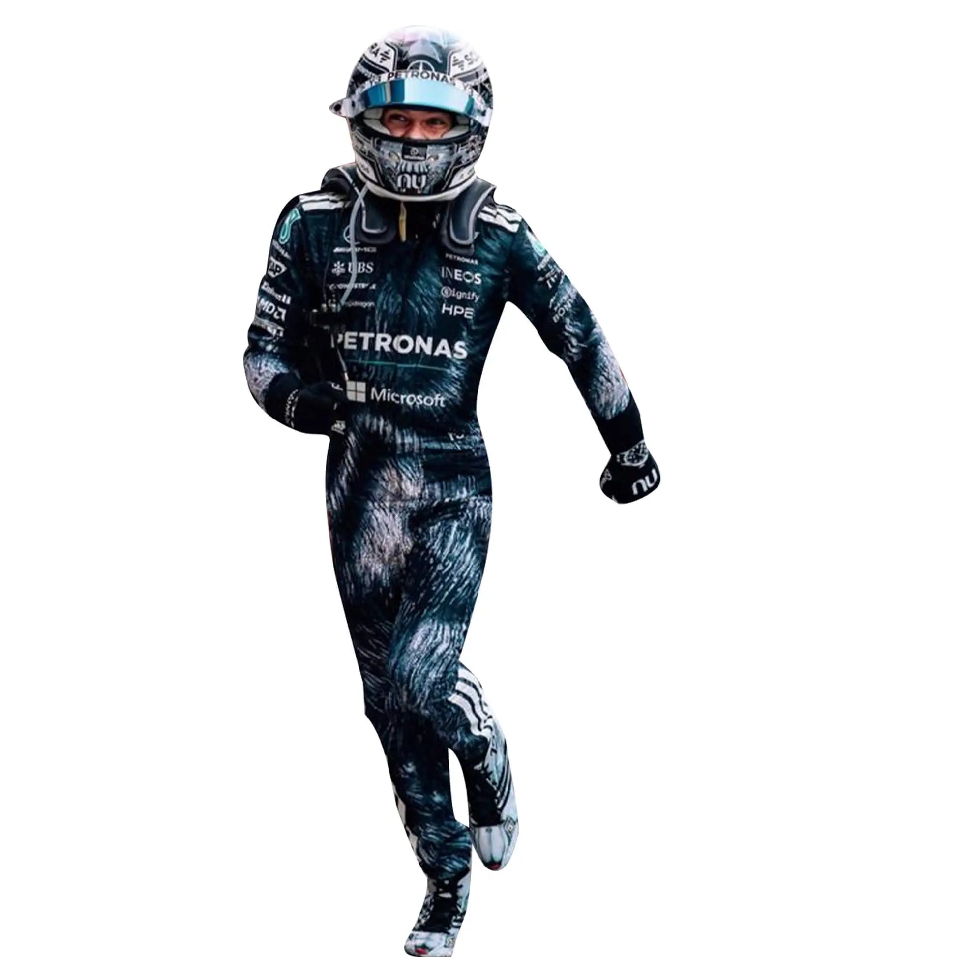 2026 Kimi Antonelli Japanese GP Mercedes F1 Race Suit featuring wolf graphic pattern in dark grey and black