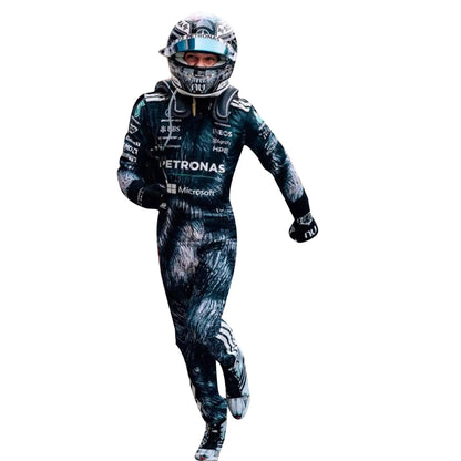 2026 Kimi Antonelli Japanese GP Mercedes F1 Race Suit featuring wolf graphic pattern in dark grey and black