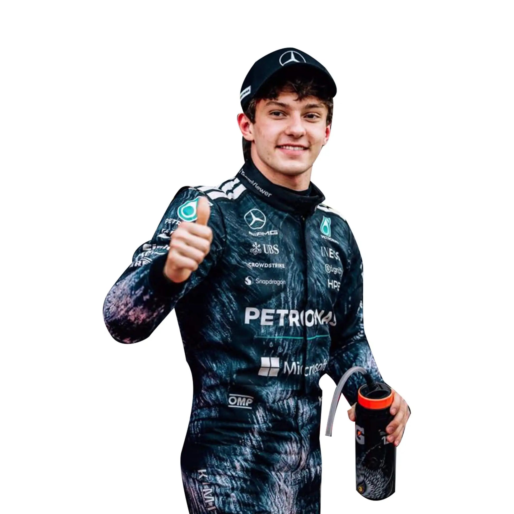 2026 Kimi Antonelli Japanese GP Mercedes F1 Race Suit featuring wolf graphic pattern in dark grey and black