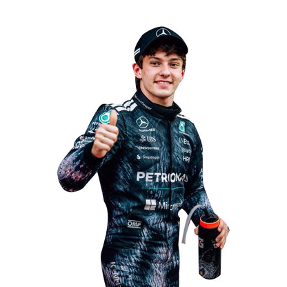2026 Kimi Antonelli Japanese GP Mercedes F1 Race Suit featuring wolf graphic pattern in dark grey and black
