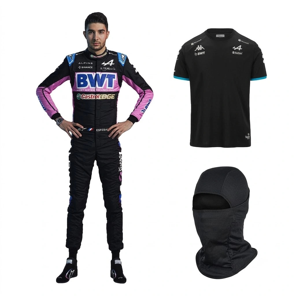 Esteban Ocon Alpine F1 Race Suit 3-piece bundle with race suit, black team t-shirt, and black balaclava front view