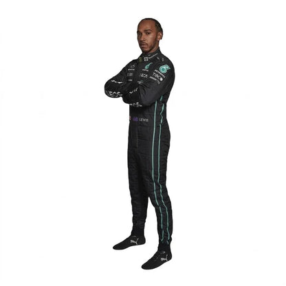 Mercedes AMG Lewis Hamilton F1 Race Suit Package including black karting suit, white driver gloves, and black racing boots