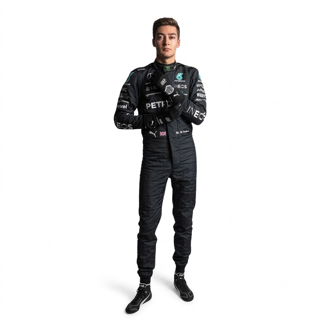 2023 George Russell Mercedes F1 Race Suit in stealth black full length front view