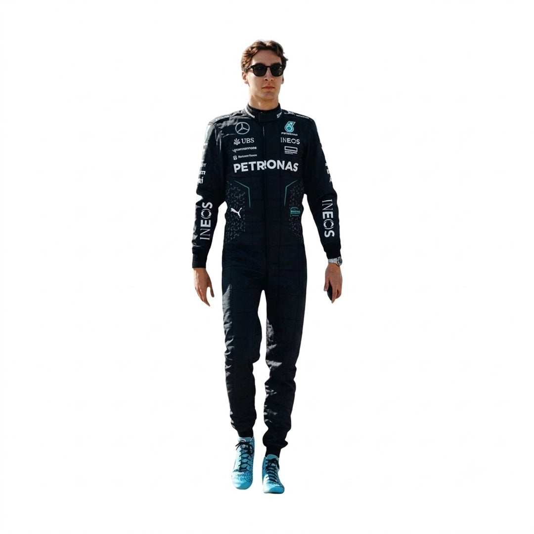 2024 George Russell Mercedes F1 Race Suit in stealth black full length walking view