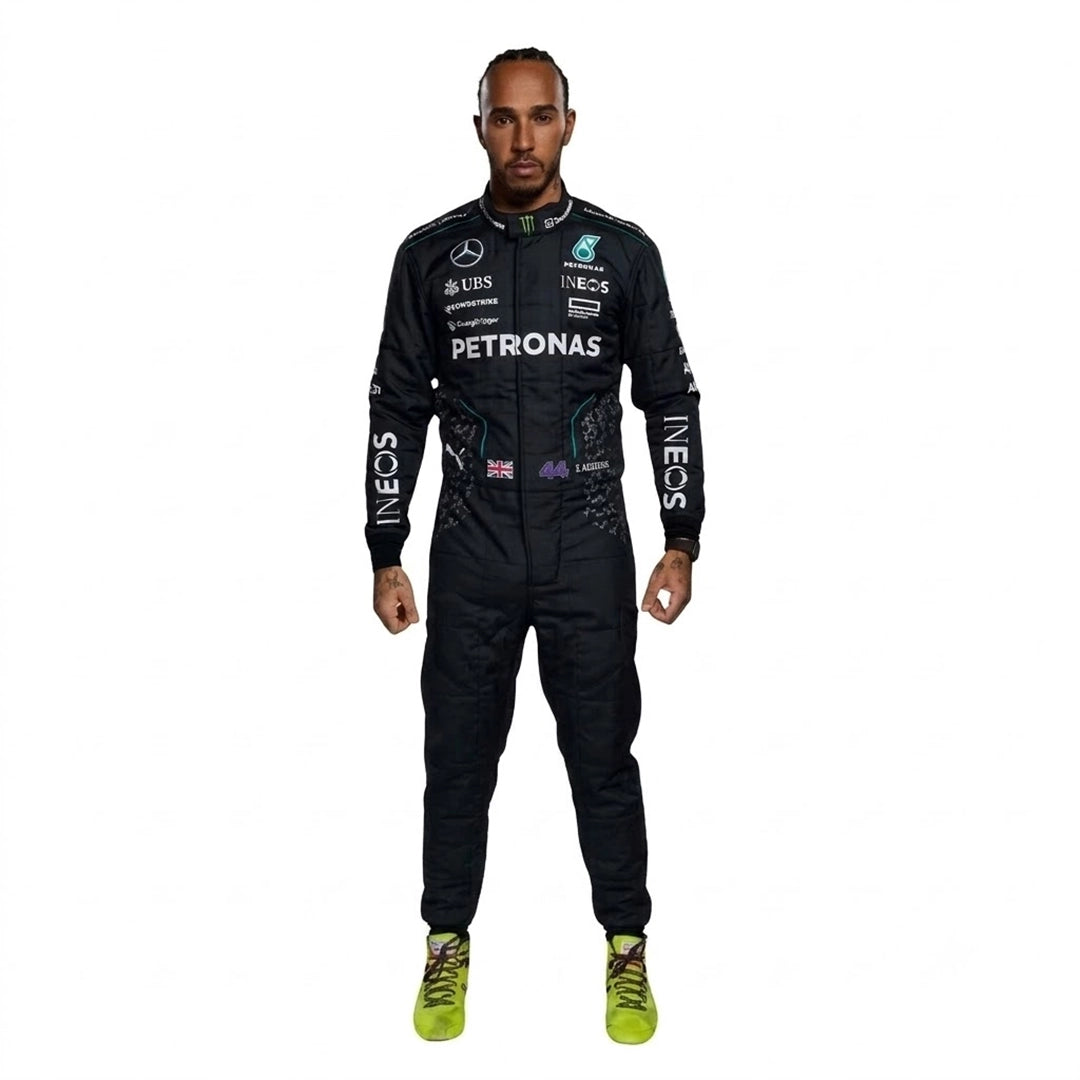 2024 Lewis Hamilton Mercedes F1 Race Suit in stealth black full length front view