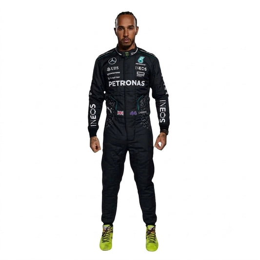 2024 Lewis Hamilton Mercedes F1 Race Suit in stealth black full length front view