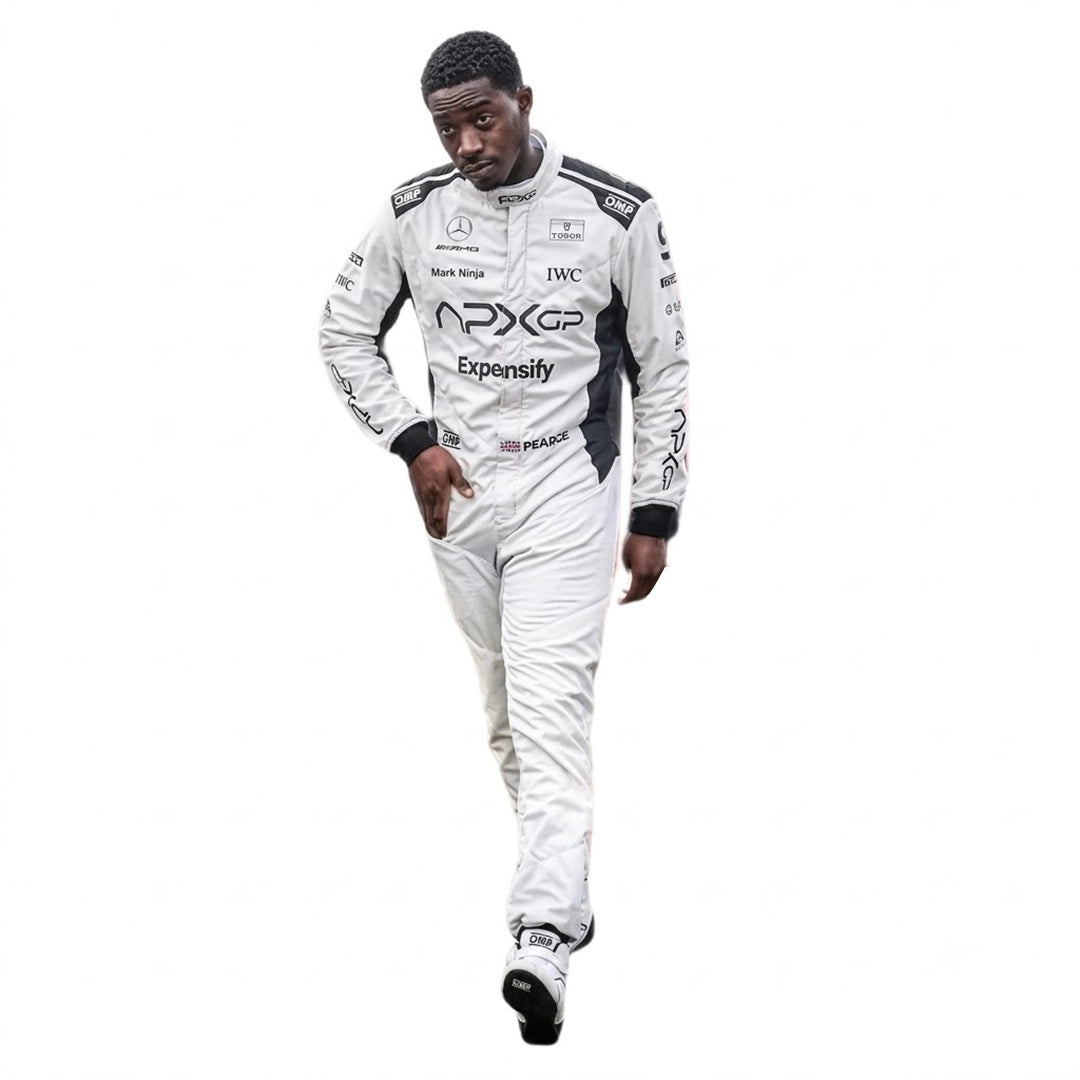 2025 Damson Idris APX GP F1 Race Suit white and black front view