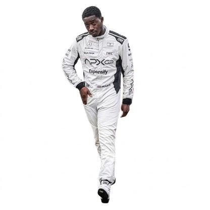 2025 Damson Idris APX GP F1 Race Suit white and black front view