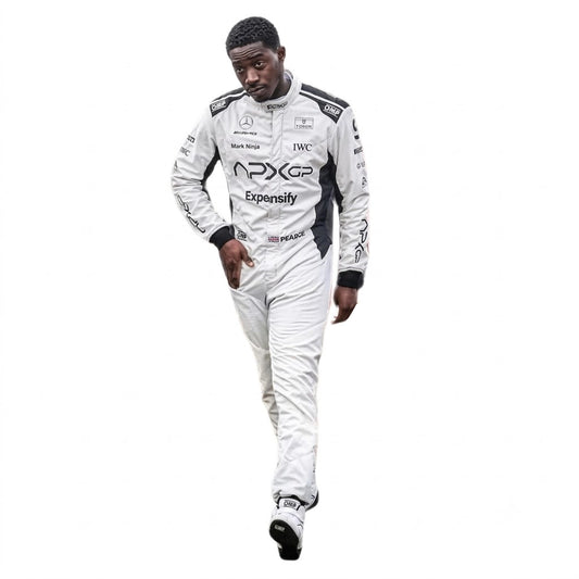 2025 Damson Idris APX GP F1 Race Suit white and black front view