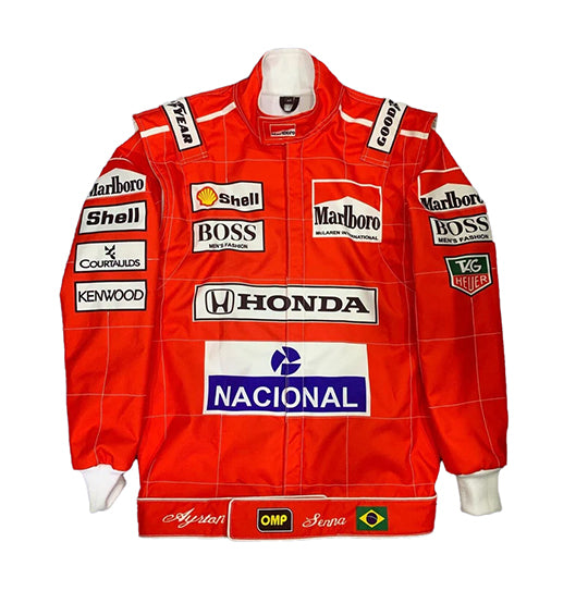 Vintage Marlboro McLaren Honda F1 Racing Jacket Ayrton Senna by Progression Race Wear – retro Formula 1 style with embroidered details for collectors and fans.