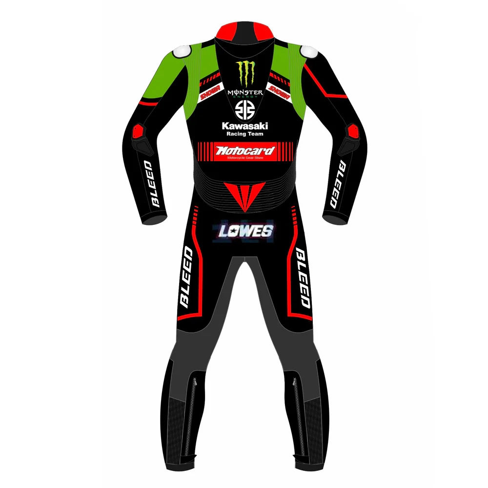 A full-body racing suit shown from the back on a plain white background. The suit is primarily black with bright green shoulder panels, red graphic accents, and multiple sponsor logos including Monster Energy, Kawasaki Racing Team, Rotocard, Algeco, and Lowe's.