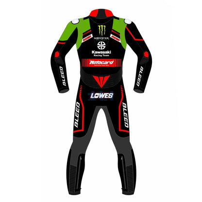A full-body racing suit shown from the back on a plain white background. The suit is primarily black with bright green shoulder panels, red graphic accents, and multiple sponsor logos including Monster Energy, Kawasaki Racing Team, Rotocard, Algeco, and Lowe's.