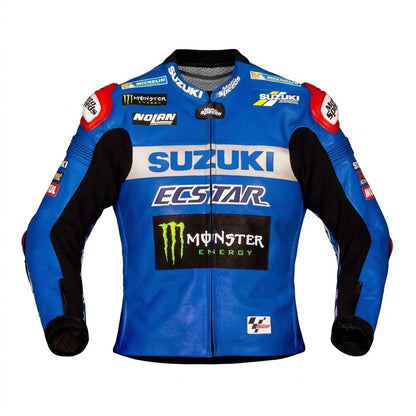 Alex Rins MotoGP leather racing jacket Suzuki 2021 front view in blue and silver leather with Ecstar and Monster Energy sponsor logos