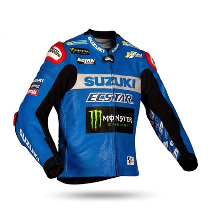 Alex Rins MotoGP leather racing jacket Suzuki 2021 front view in blue and silver leather with Ecstar and Monster Energy sponsor logos