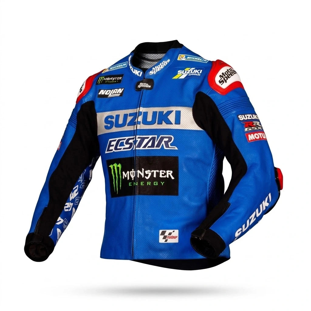 Alex Rins MotoGP leather racing jacket Suzuki 2021 front view in blue and silver leather with Ecstar and Monster Energy sponsor logos