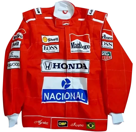 Vintage Marlboro McLaren Honda F1 Racing Jacket Ayrton Senna by Progression Race Wear – retro Formula 1 style with embroidered details for collectors and fans.