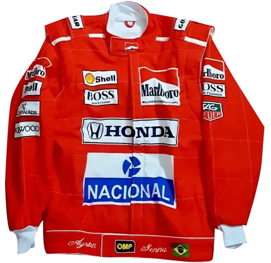 Vintage Marlboro McLaren Honda F1 Racing Jacket Ayrton Senna by Progression Race Wear – retro Formula 1 style with embroidered details for collectors and fans.