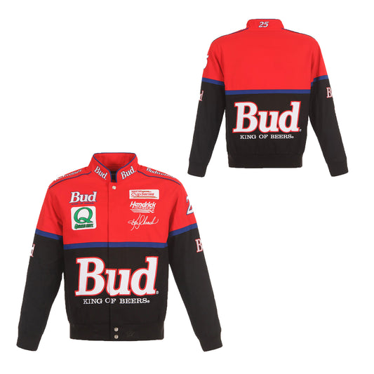 Men's JH Design Black/Red Ken Schrader Bud Twill Driver Uniform Full-Snap Jacket
