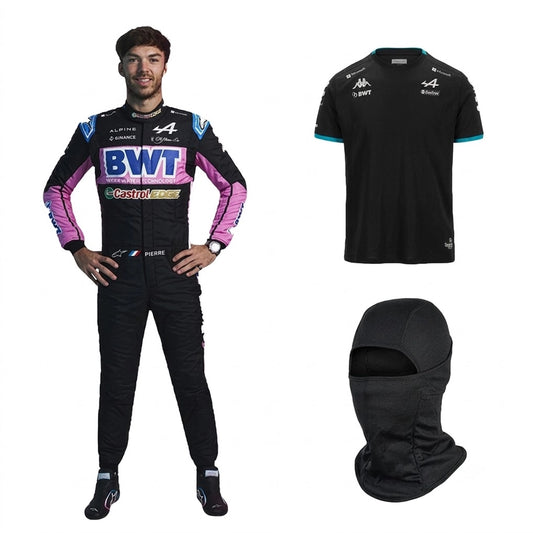 BWT Alpine F1 Go Kart Racing Suit 3-piece bundle with race suit, black team t-shirt, and black balaclava front view