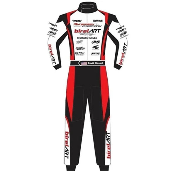 Racing suit with multiple brand logos on a white background