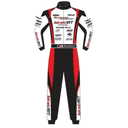 Racing suit with multiple brand logos on a white background