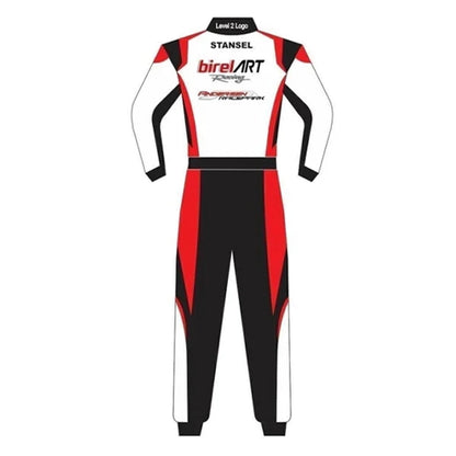 Racing suit with visible branding on a white background