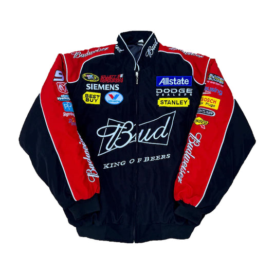 Budweiser Black F1 Racing Jacket by Progression Race Wear – stylish motorsport-inspired jacket with retro embroidered details.
