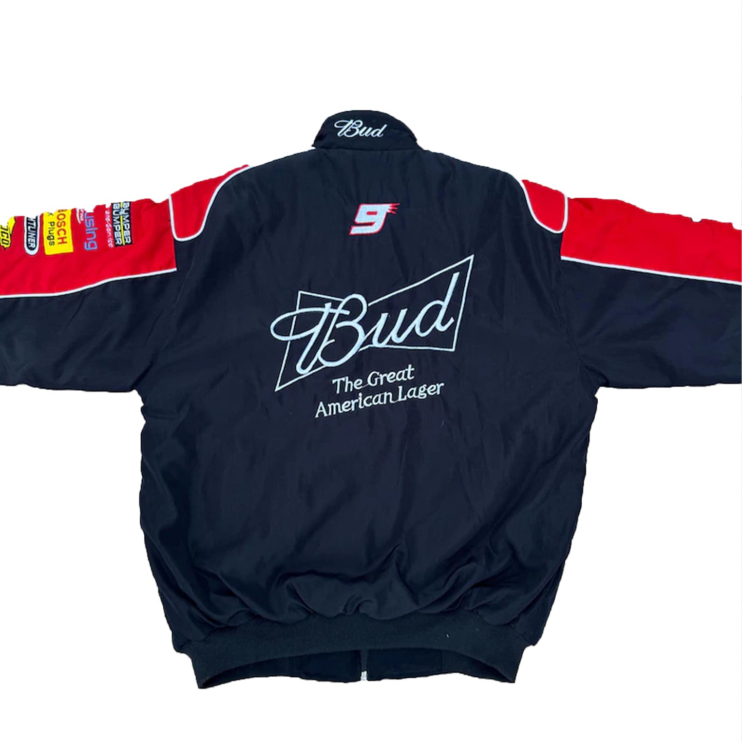 Budweiser Black F1 Racing Jacket by Progression Race Wear – stylish motorsport-inspired jacket with retro embroidered details.