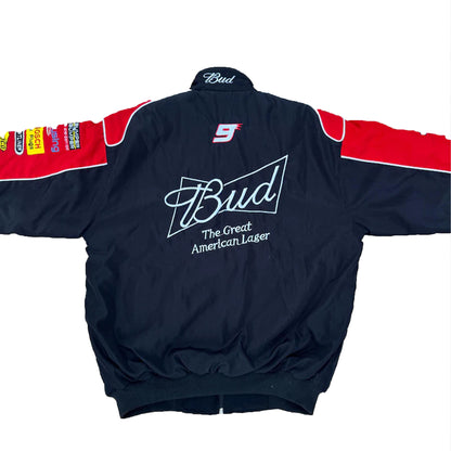 Budweiser Black F1 Racing Jacket by Progression Race Wear – stylish motorsport-inspired jacket with retro embroidered details.