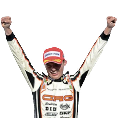 Racing driver in a white, black, and orange racing suit with raised arms on a white background
