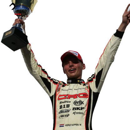 Person in racing suit holding a trophy against a white background