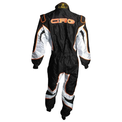 Black and white racing suit with orange accents on a white background