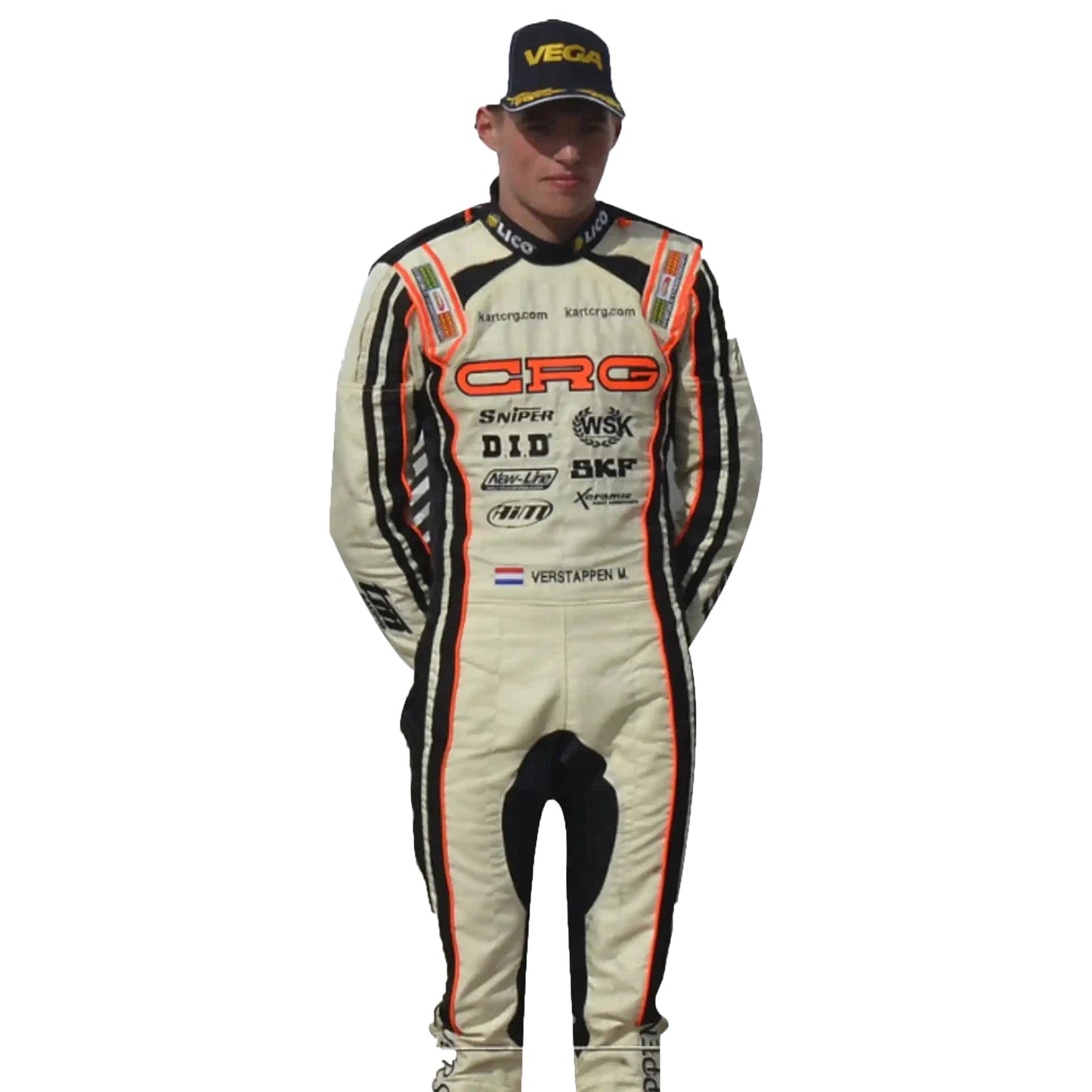 Person wearing a racing suit with various sponsor logos on a white background