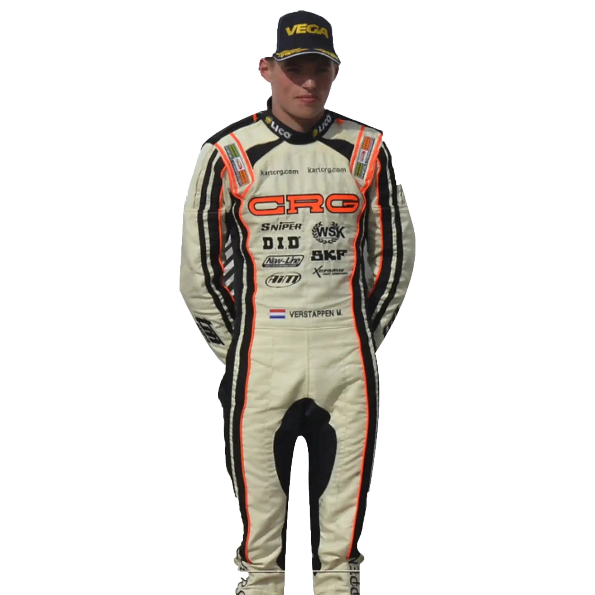 Person wearing a racing suit with various sponsor logos on a white background