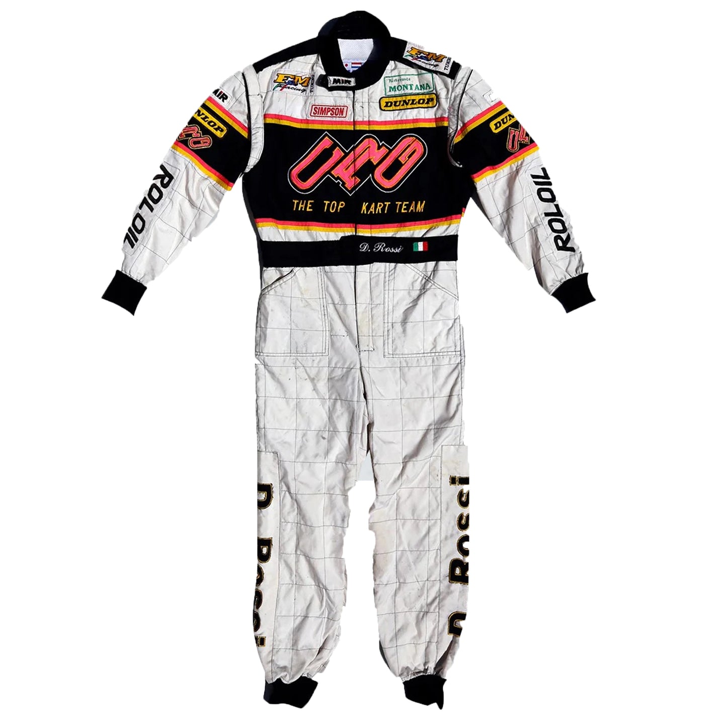 Racing suit with various sponsor logos on a white background