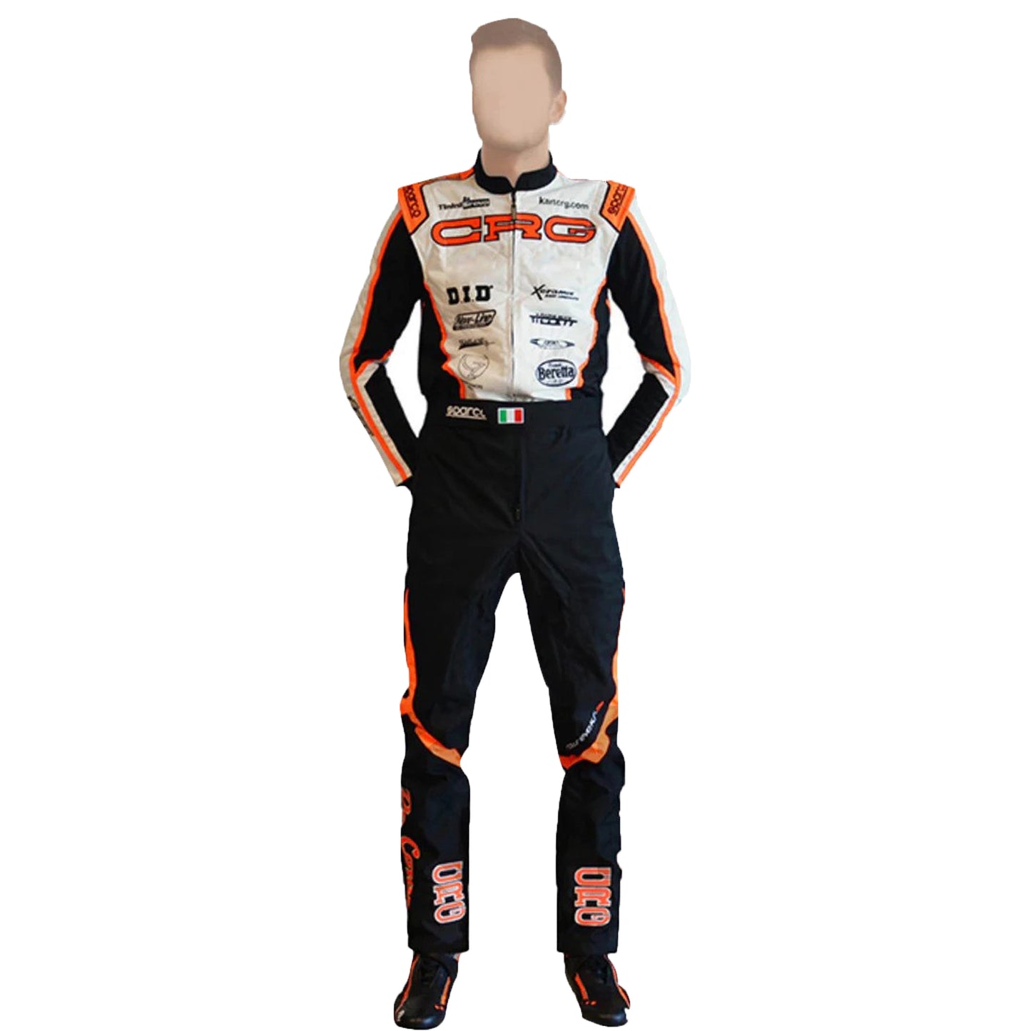Racing suit with multiple brand logos on a white background